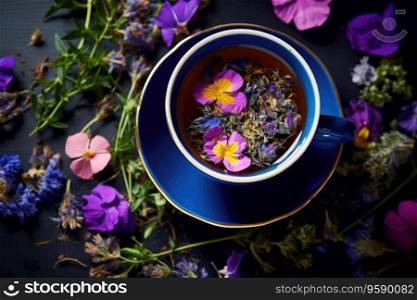 Tea with herbs and flowers in a cup top view.