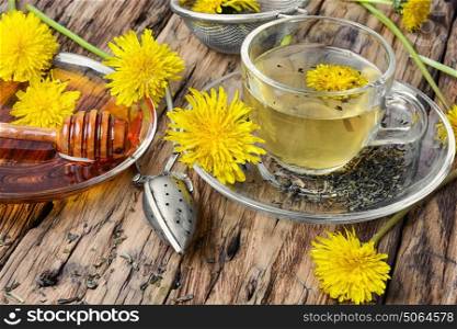 Tea with honey dandelion. Cup of tea with honey healthy dandelion honey