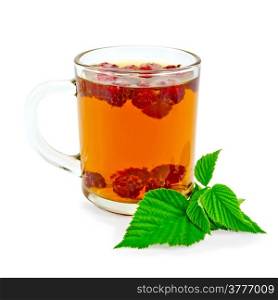 Tea with raspberries in a glass mug, green leaves raspberry isolated on white background
