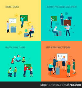 Teacher 2x2 Design Concept . Teacher 2x2 design concept with science and primary school teachers and peer observation of teaching flat vector illustration