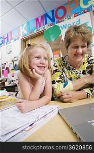 Teacher and Elementary Student Looking at Laptop