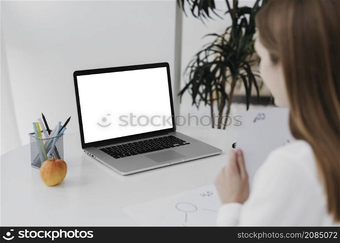 teacher her laptop virtual classroom concept
