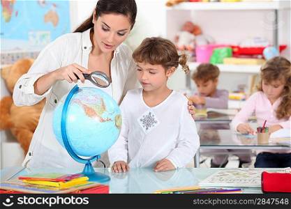 teacher, pupil, reading, globe