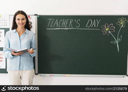 teacher standing blackboard with copy space