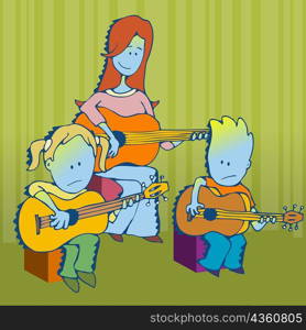Teacher teaching her students the guitar