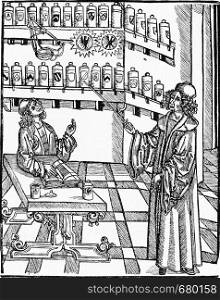 Teaching Pharmacy, vintage engraved illustration. From the Universe and Humanity, 1910.