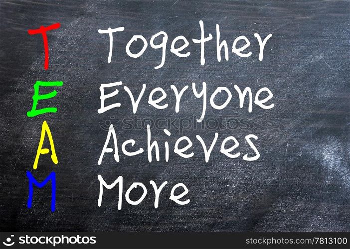 TEAM acronym for Together Everyone Achieves More written on a smudged blackboard