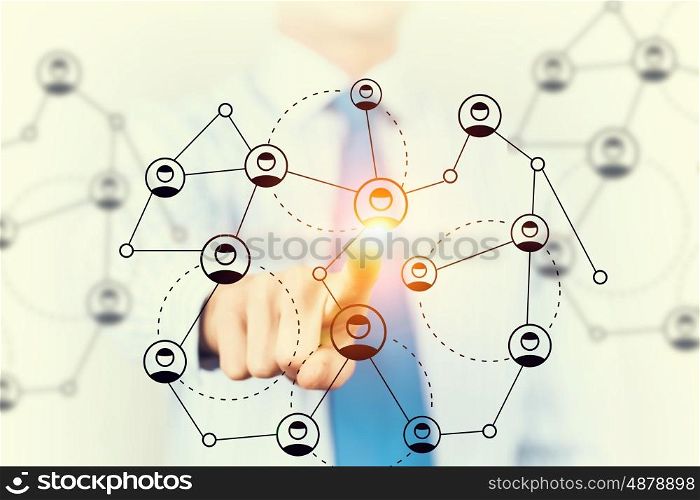 Team and networking concept. Hand of businessman touching digital icon on media screen