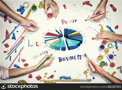 Team creative work. People hands drawing business growth concept with paints