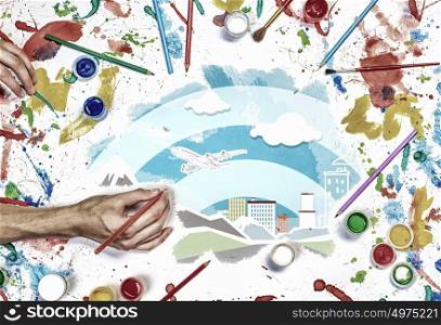 Team creative work. Top view of hands drawing creative concept with paints