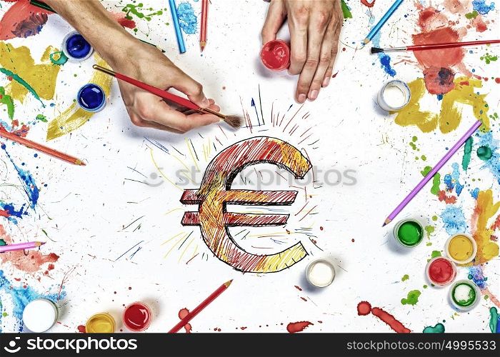 Team creative work. Top view of people hands drawing business creative concept with paints