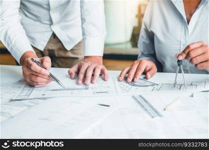 Team Engineer drawing graphic planning and meeting for architectural project on workplace