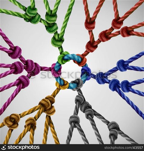Team groups network as individual diverse teams coming together connected to a central point as an abstract communication concept with linked ropes of different colors as a metaphore for social connection.