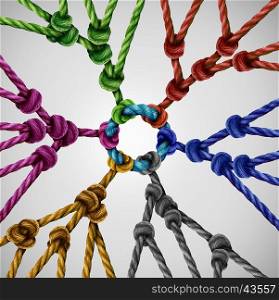 Team groups network as individual diverse teams coming together connected to a central point as an abstract communication concept with linked ropes of different colors as a metaphore for social connection.
