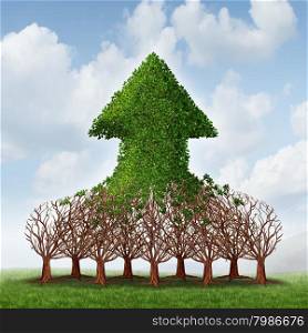 Team growth and corporate profit business concept with a group of growing trees joining together to form an upward arrow as teamwork development metaphor for financial success.