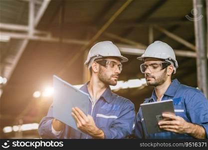 Team Industry Engineers worker in metal Factory using Digital Tablet Computer talking discussion help together.