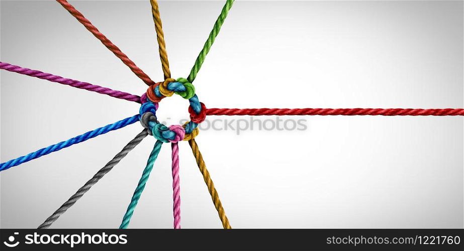 Team joining concept and unity or teamwork concept as a business metaphor for partnership as diverse ropes connected together as a corporate network symbol for cooperation and working collaboration.