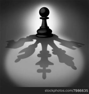 Team leader business concept as a chess pawn piece casting a shadow with a company group consisting of a king queen knight bishop and rook as a symbol of the power within and the potential of a successful manager.
