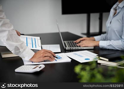 Team leader coach teach young workers explain on paper for business plan listen talkative coworker and discussing new project presentation Serious professional advisor consulting in office