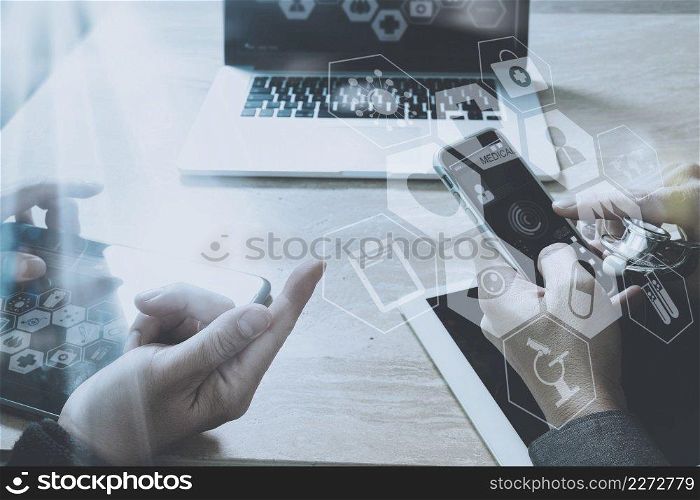 Team Medical technology concept. Doctor hand working with modern smart phone with medical chart interface,multi channel connection,network hospital concept