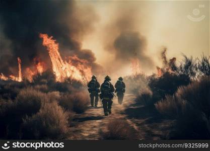 Team of brave firefighters marching towards a massive wildfire. Generative AI.. Firefighters bravely confront raging wildfire. Generative AI.