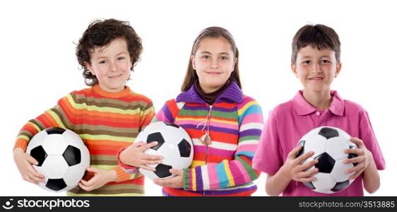 Team of children with soccer ball a over white background