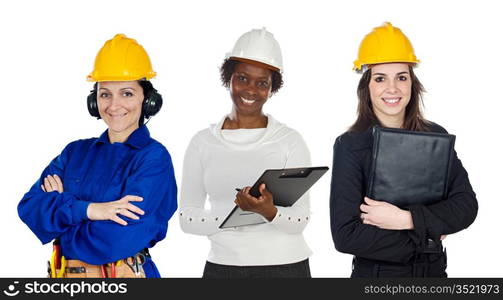 Team of construction workers isolated on white