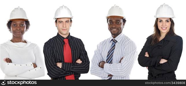 Team of engineers African-Americans and Caucasians a over white background