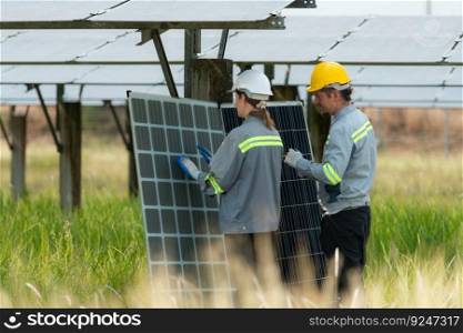 Team of engineers and technicians Must repair the solar panels according to the daily inspection schedule. To keep repairing and checking the efficiency of the solar cell panels