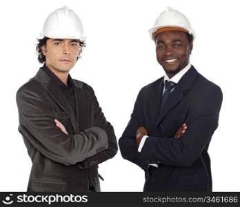 Team of engineers black and caucasian a over white background