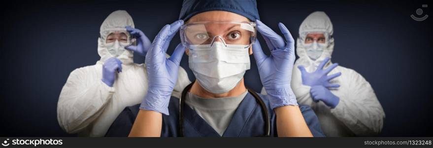 Team of Female and Male Doctors or Nurses Wearing Protective Medical Face Masks and Goggles Banner.