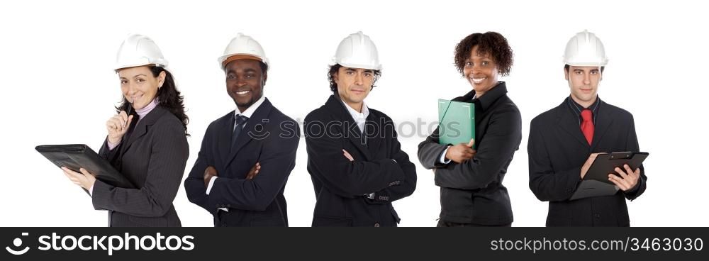 Team of five architects isolated over white