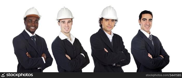 Team of four male architects isolated over white