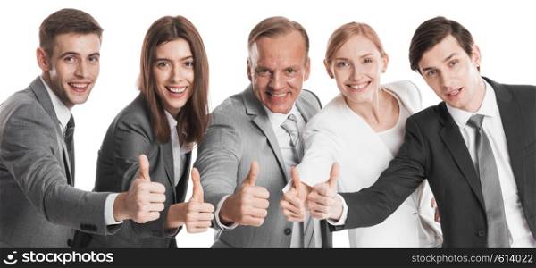 Team of happy successful business people with thumb up isolated over white background. Business people with thumb up