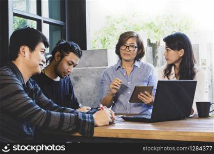 team of man and woman freelance meeting for working solution in home office