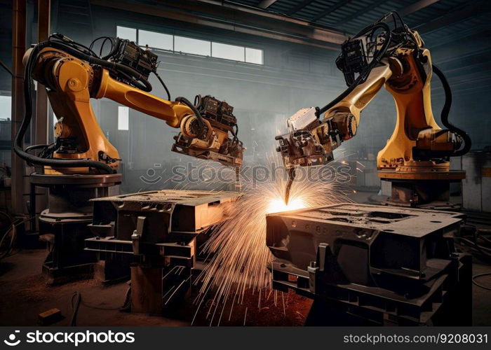 team of precision welding robots working together on complex metal structure, created with generative ai. team of precision welding robots working together on complex metal structure