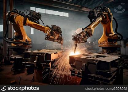 team of precision welding robots working together on complex metal structure, created with generative ai. team of precision welding robots working together on complex metal structure