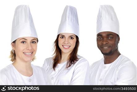 Team of three chefs on a over white background