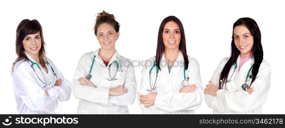 Team of young doctors a over white background