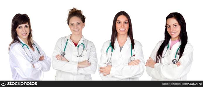 Team of young doctors a over white background