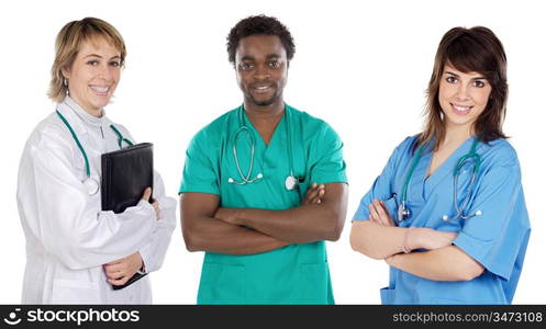 Team of young doctors a over white background