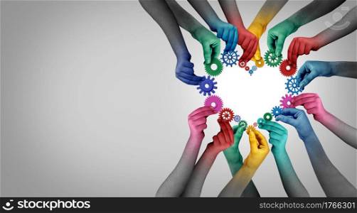 Team partnership unity and collaboration concept connecting with teamwork as a business metaphor with diverse people connected together as a work symbol for employee cooperation with 3D illustration elements.