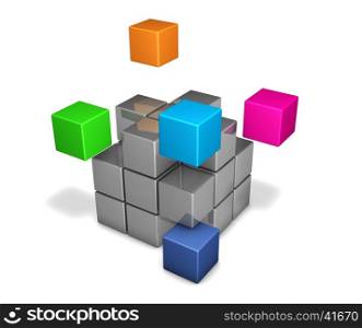 Teamwork and business project collaboration concept with colorful cubes 3D illustration on white.
