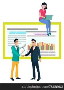 Teamwork and financial cooperation, people communication with laptop, graph report. Men workers shaking hands, woman working with laptop, finance vector. Finance Corporate, Graph Report, Laptop Vector