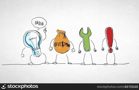 Teamwork concept. Caricature image of idea investment process and success on white background