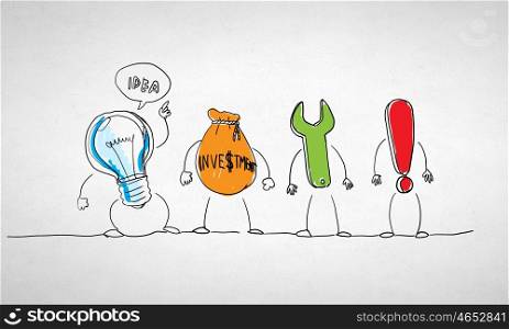 Teamwork concept. Caricature image of idea investment process and success on white background