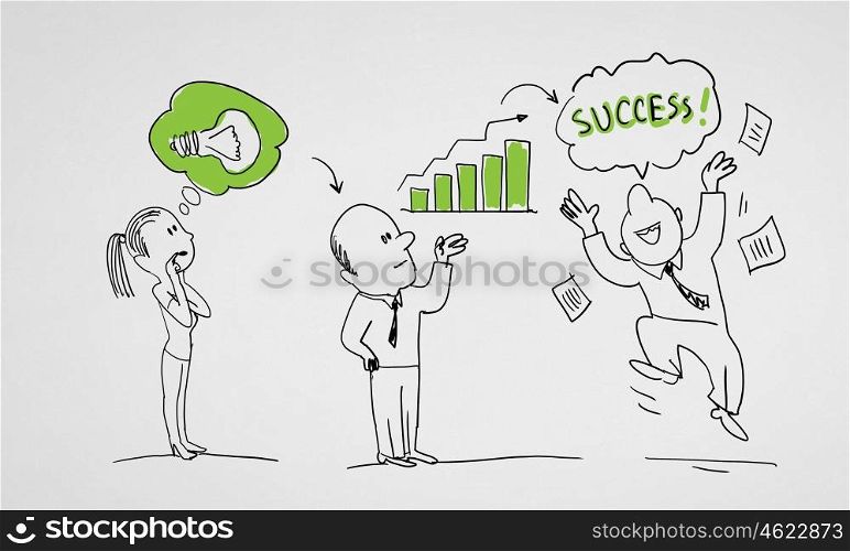 Teamwork concept. Caricature image of people of different professions on white background