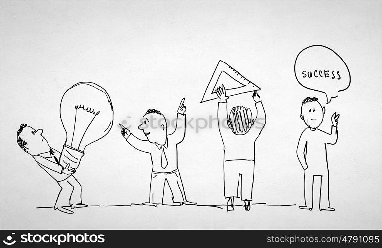 Teamwork concept. Caricature image of people of different professions on white background