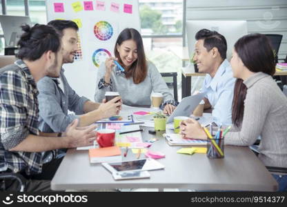 Teamwork Concept. Collaboration Team Meeting Communication with Business Teamwork Working Together in Conference Room. Top view of Diversity Partner Business Meeting Trust in Businessman and Team.