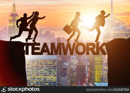 Teamwork concept with business people crossing bridge